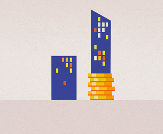 An illustration of one skyscraper standing on top of a pile of gold coins and a shorter building not standing on anything
