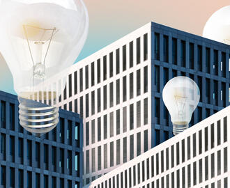 An illustration of lightbulbs flying above skyscrapers