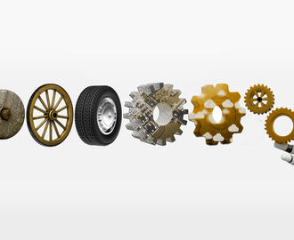 An illustration of the progression of a wheel made from stone to wood to rubber tire to circuit board to cloud computing to a cogwheel with a robot hand 