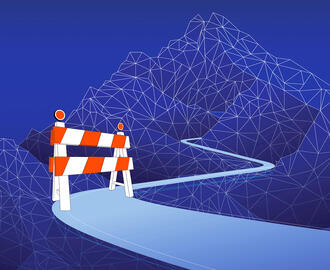 A roadblock is blocking the path to a digital mountain