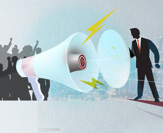 An illustration of a large megaphone generating noise from a crowd of people to a business person