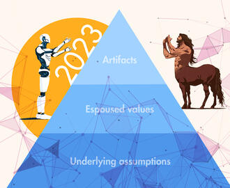 A collage of various graphics including a sun with the word "2023," a cyborg, and a centaur surrounded by algorithm imagery