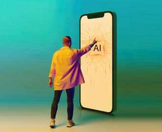 A person touches a mobile phone with an AI graphic displayed