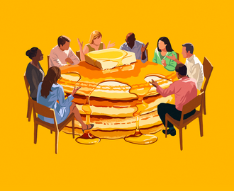 An illustration of a diverse mix of people surrounding a table that looks like a stack of pancakes