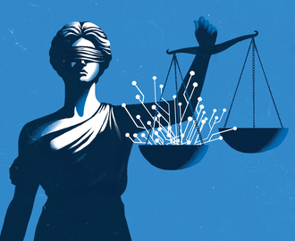 Illustration of lady justice holding a scale carrying ai network imagery