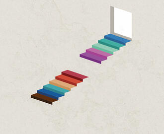 A colorful staircase that leads to an open door is broken in the middle
