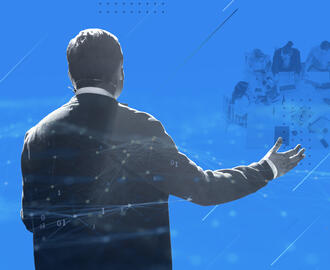 A collage with a business person presenting and a team working in the background amongst a background of technological graphics