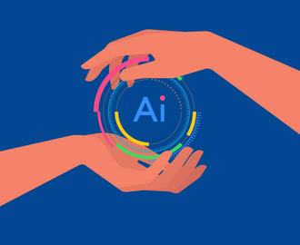 An illustration of hands holding an AI graphic