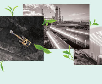 Three photos covering mining, carbon capture, and heat sinks with green leaves sprouting from them