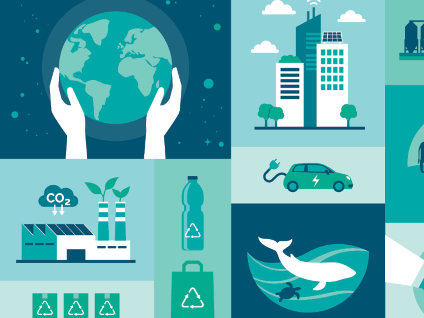 Illustration of globe, city, green climate solutions
