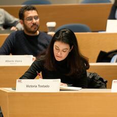 Students in an MIT Sloan lecture hall.