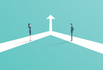 An illustration of two people standing on converging pathways that become a single pathway that points toward the future together.