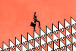 Woman in a suit climbing up a hill made of mouse cursor symbols