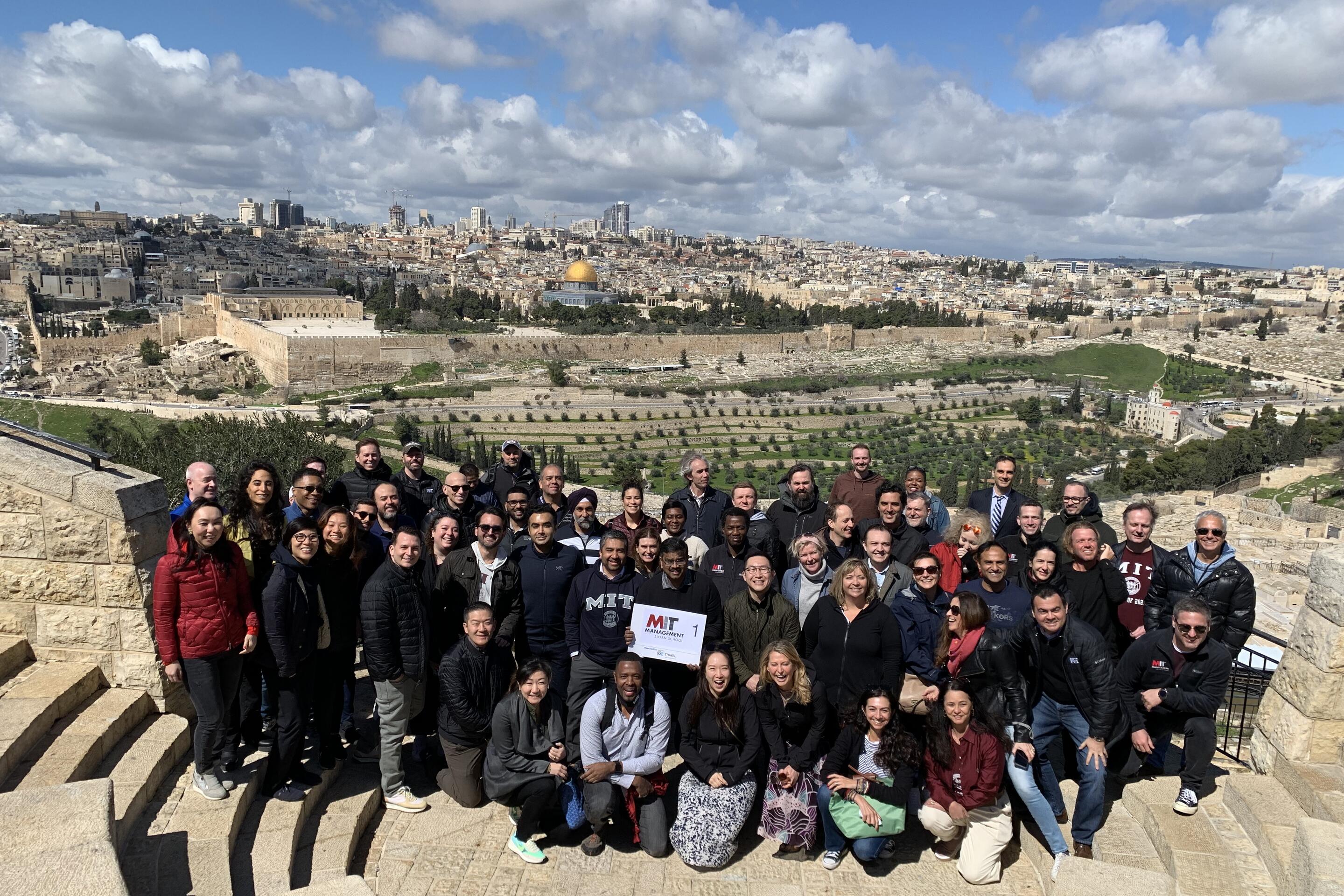 Large group of students posing for photo on Mount of Olives in Israel