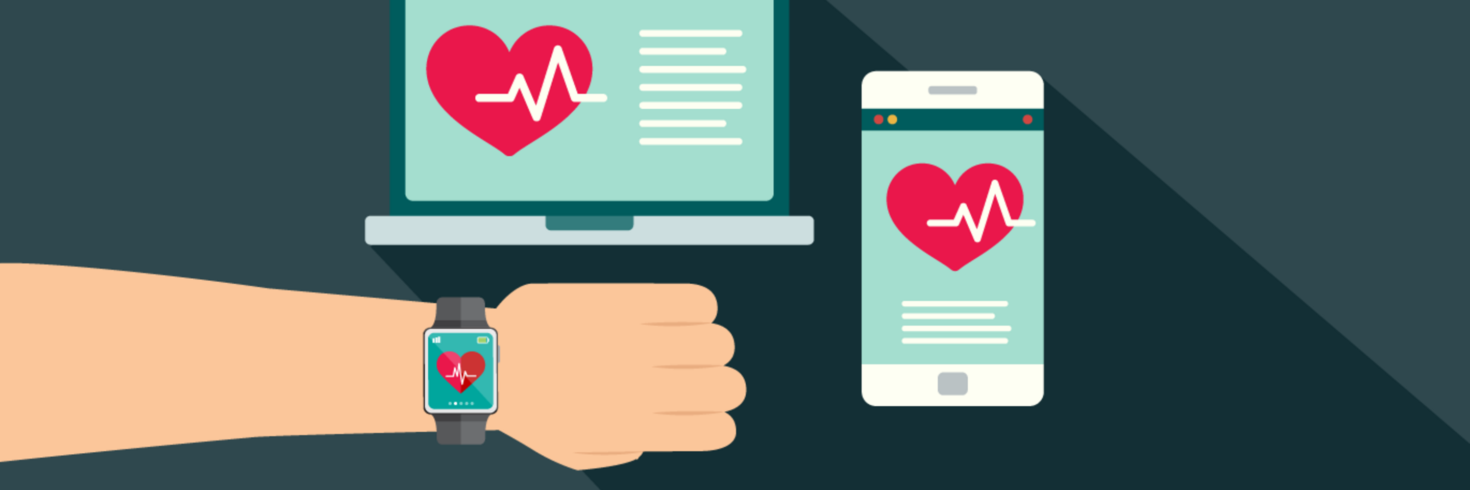 Illustration of smart watch, laptop and a smart phone using Health Apps