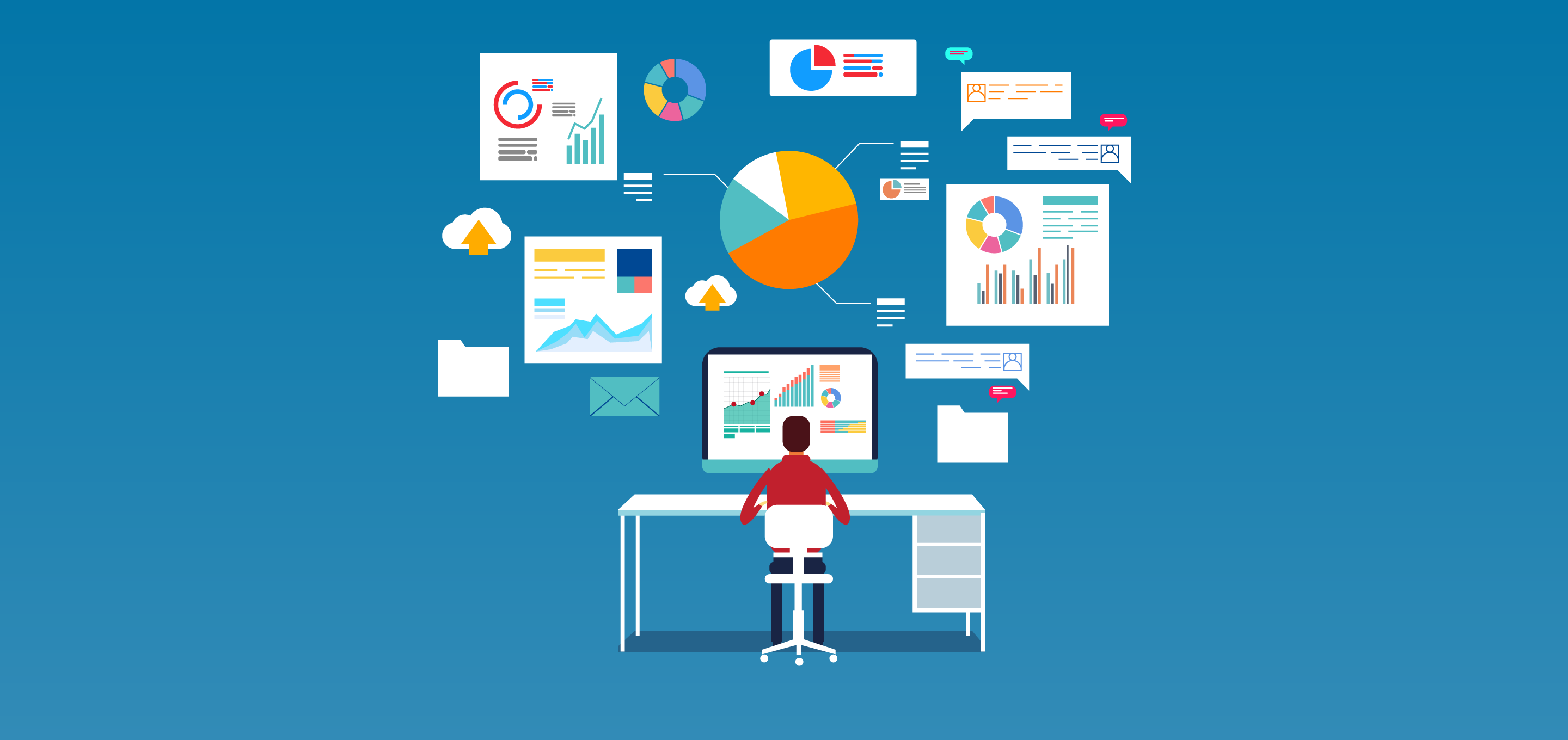 Worker on computer creating data visualization. Various charts loom above him.