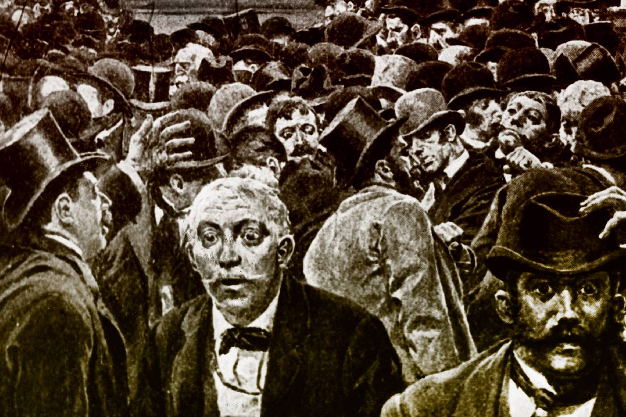 The rush from the New York Stock Exchange in 1873 as banks began to fail and close, leading to a ten-day closure of the Stock Exchange.