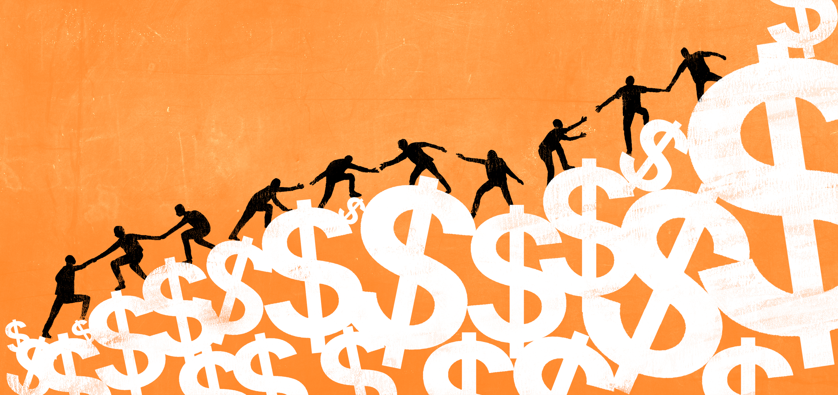 people in silhouette helping one another climb up a mountain of dollar bill signs