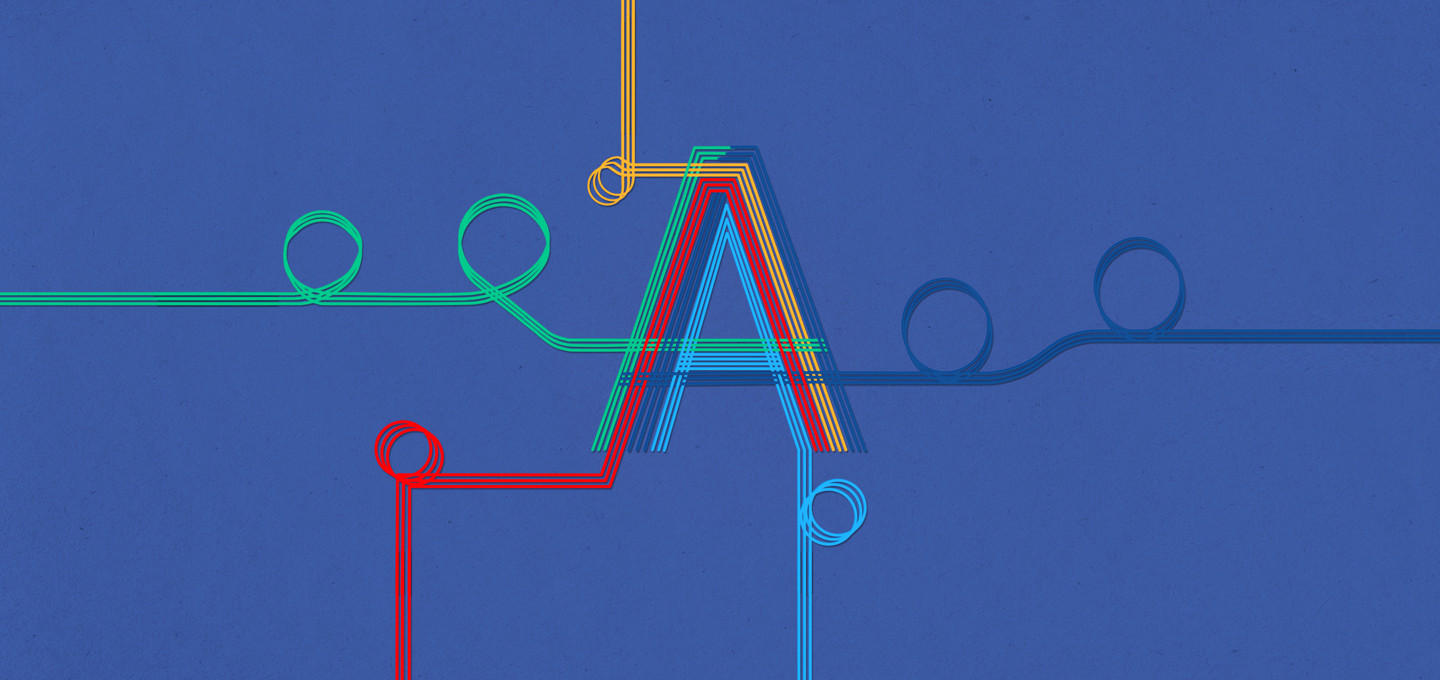 a styled capital A with curlicues of different colors intersecting around it