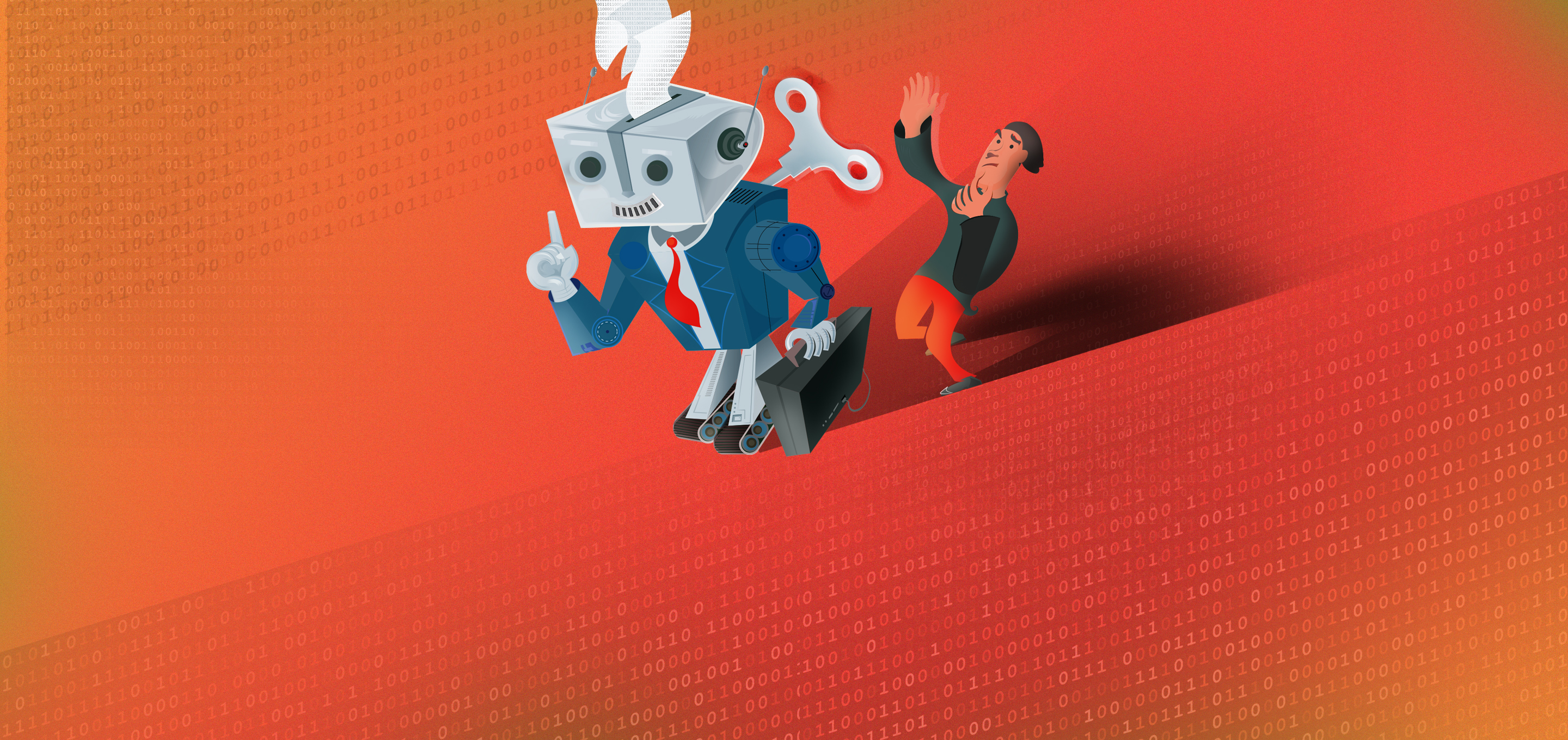 illustration of a windup robot and a human man