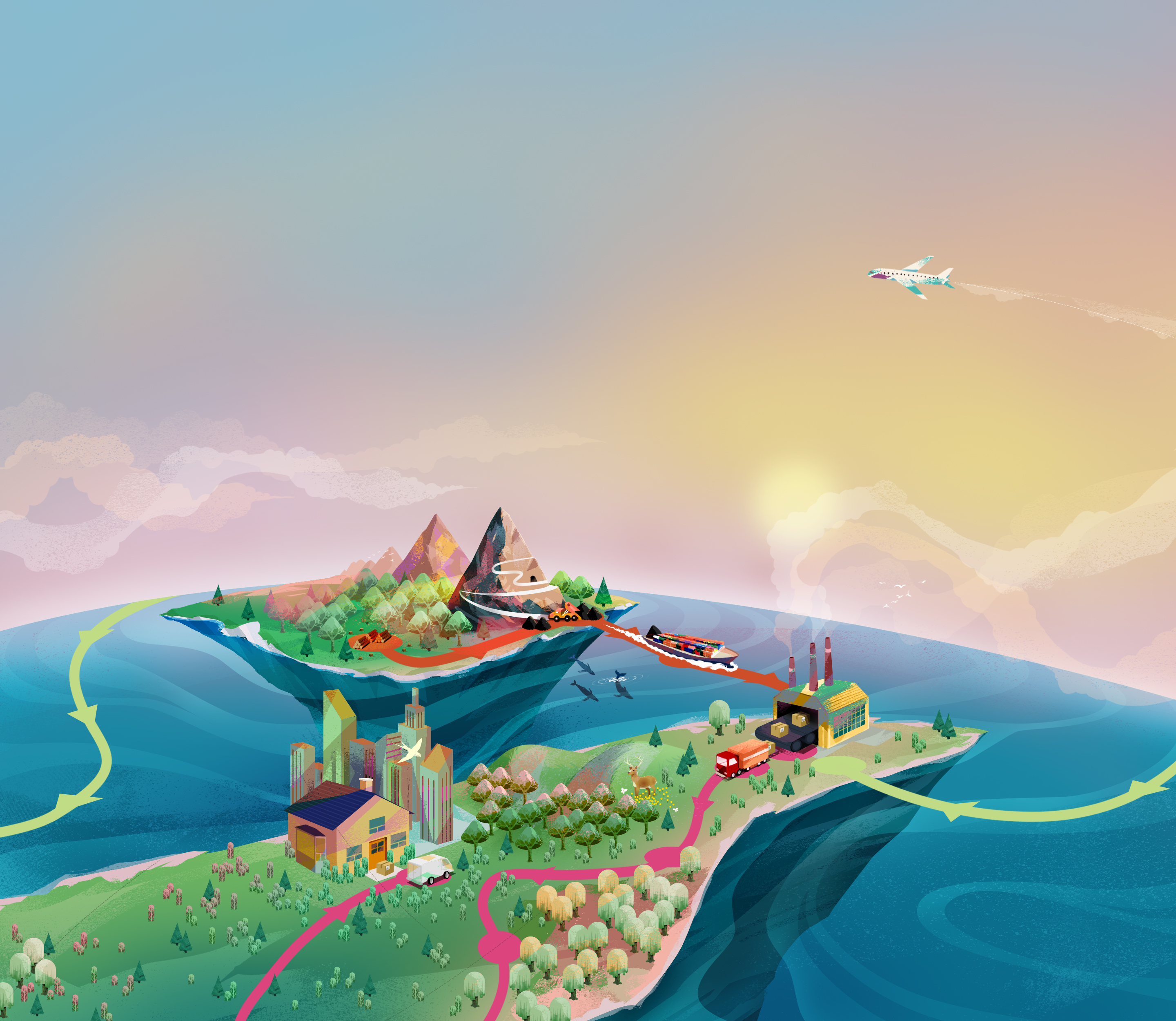 2 islands with planes, trains and trucks between them, representing supply chain