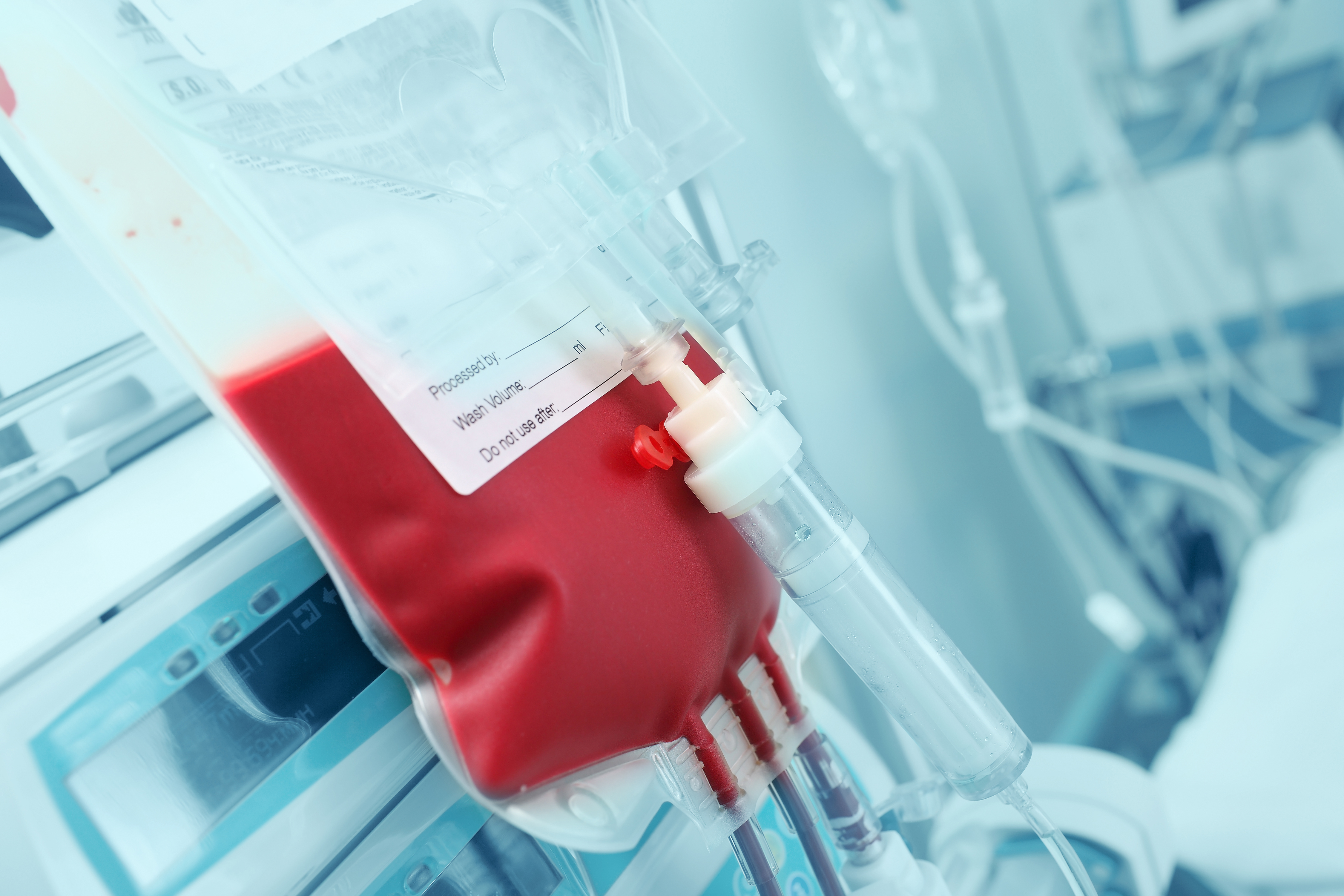 IV bag of blood in hospital room