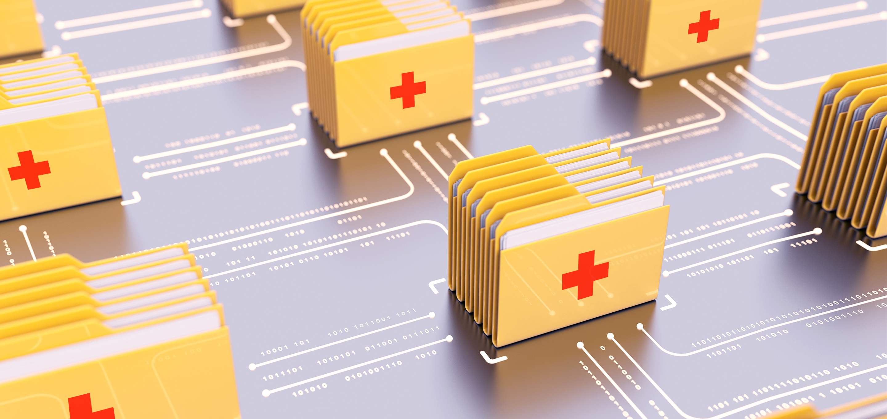 An illustration of electronic healthcare folders being connected by binary code and lines.