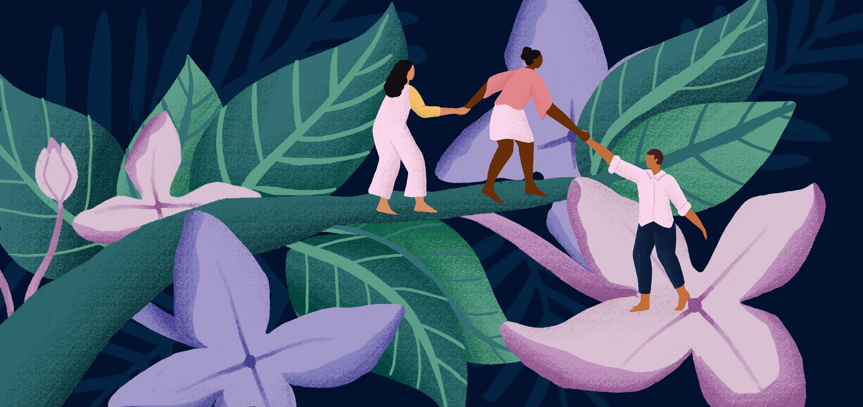 Illustration of three people helping each other climb a flowering branch