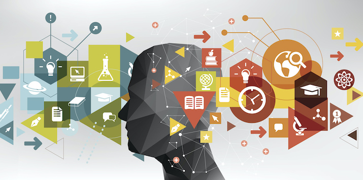 Graphic of a man's profile in silhouette, surrounded by various symbols 