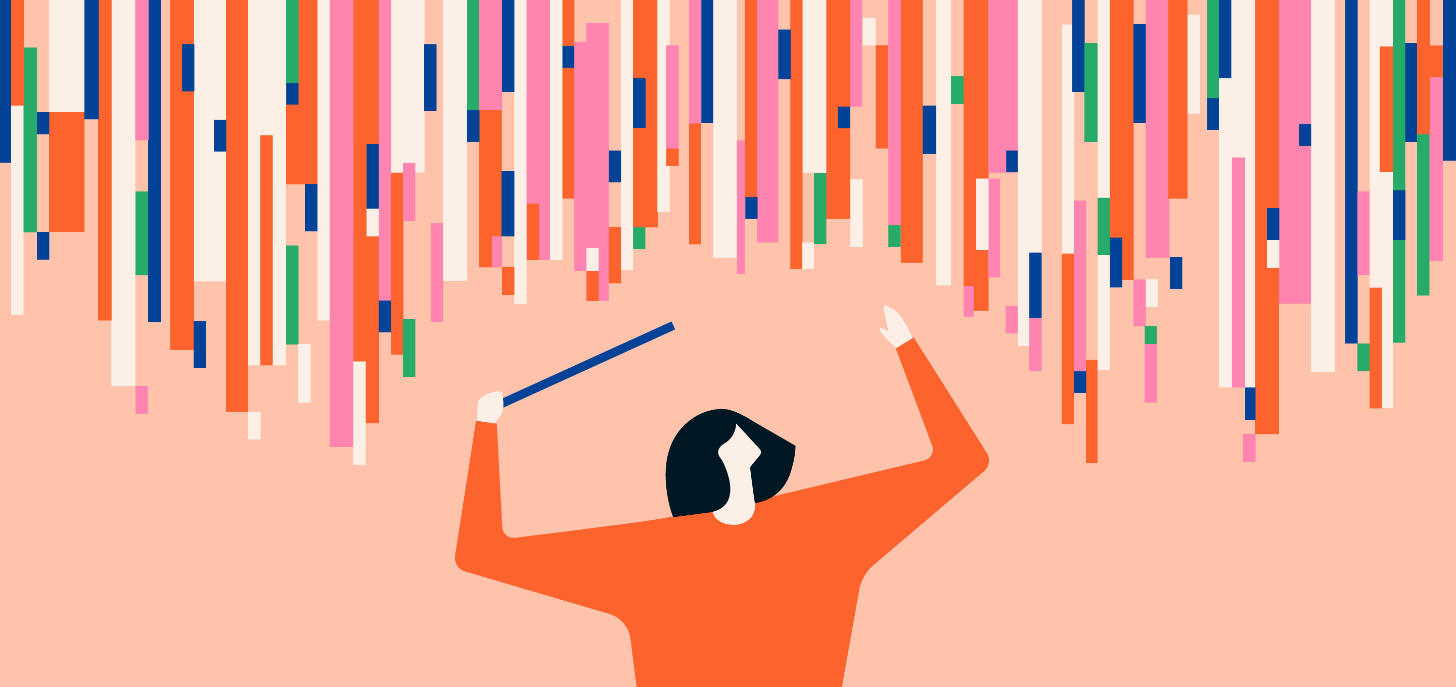 Illustration of person curating bars of data like a conductor of a symphony.