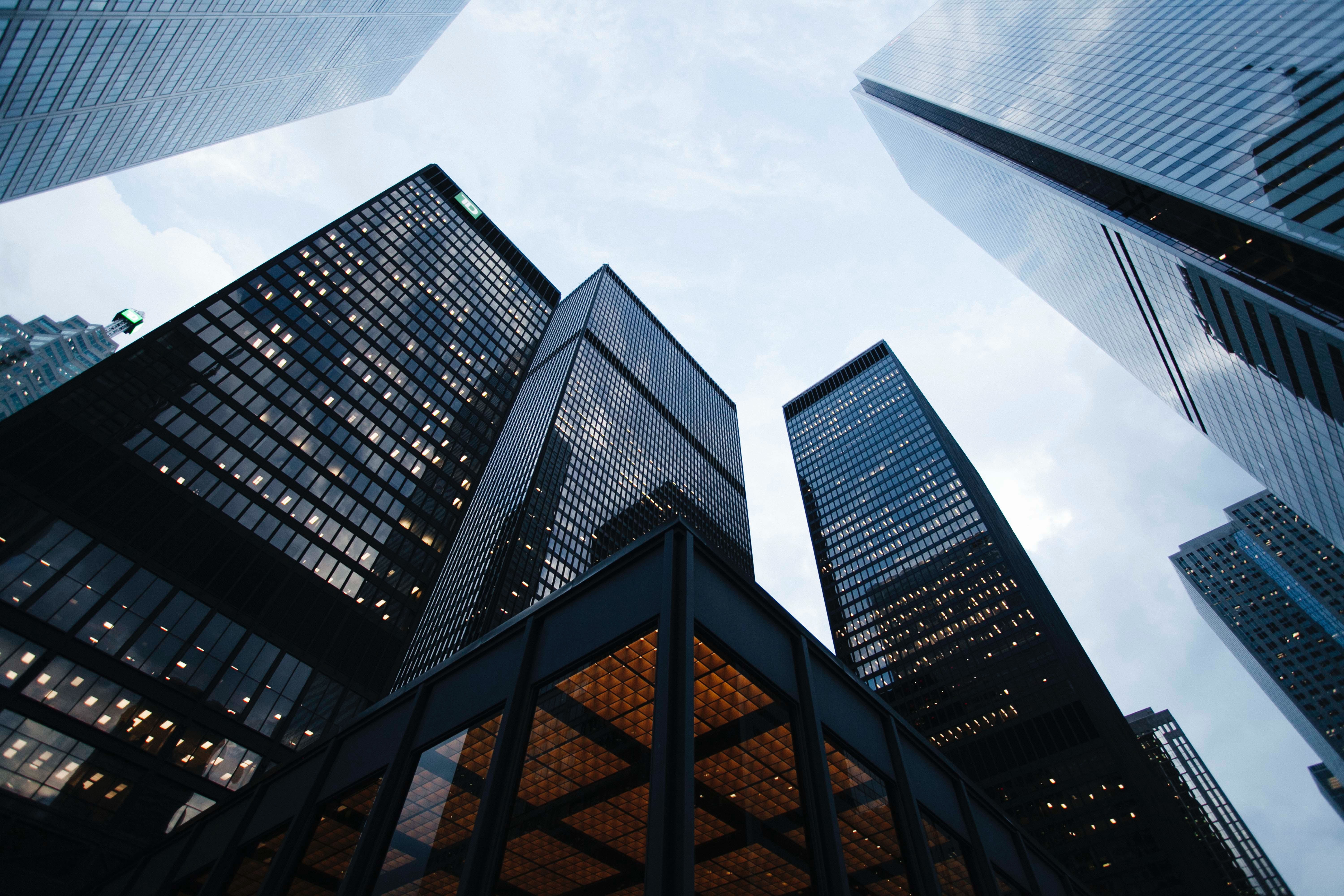 View of skyscrapers as seen from the ground looking up