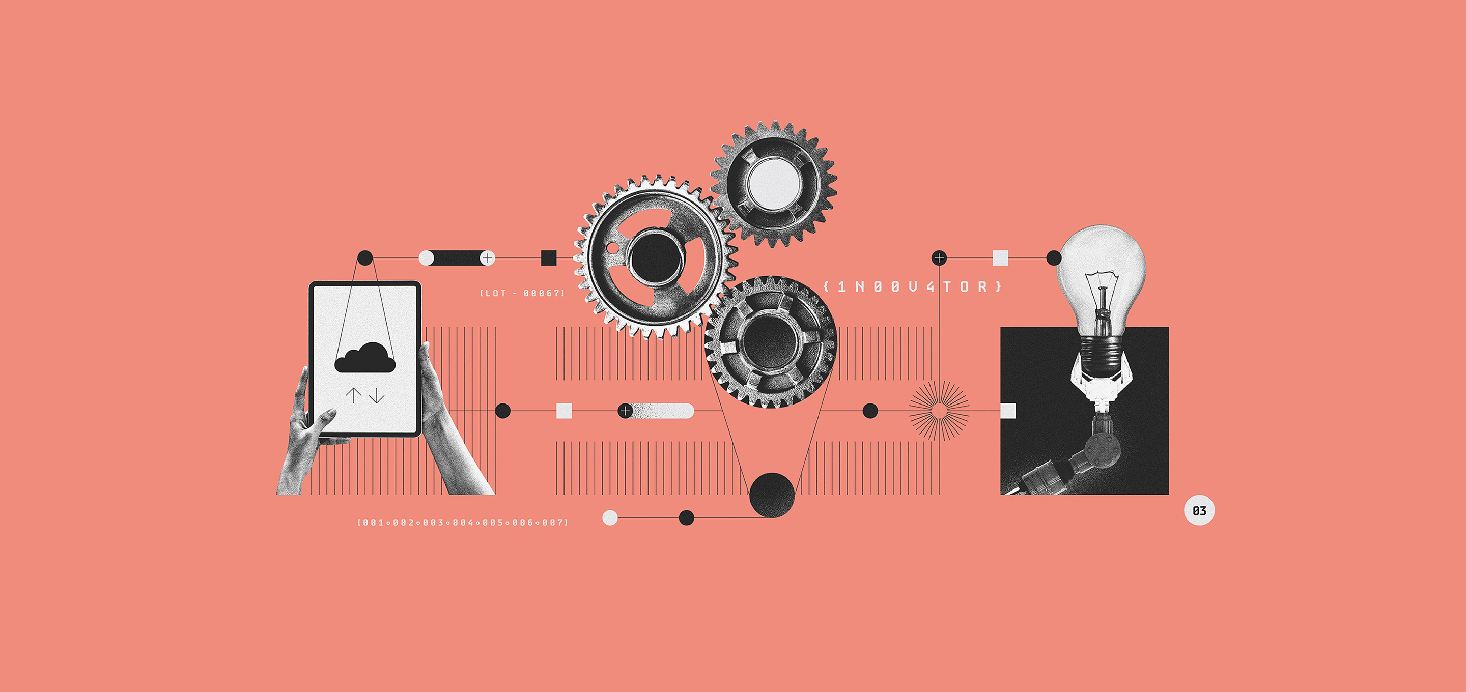 Illustration of hands holding a tablet with a cloud on the screen, gears, and a lightbulb - all imagery working together to convey technological innovation