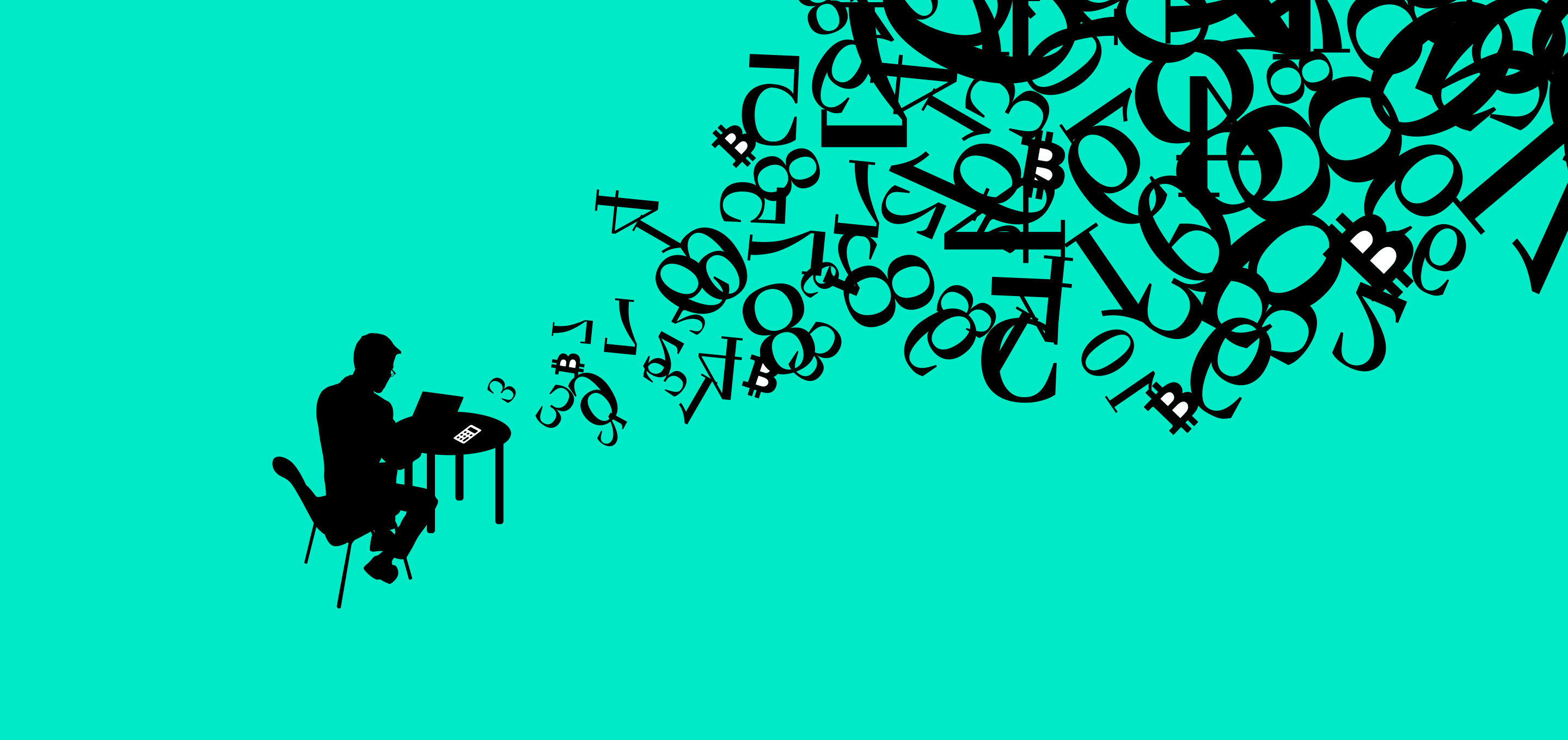 person sitting at a desk with numbers flying into the air