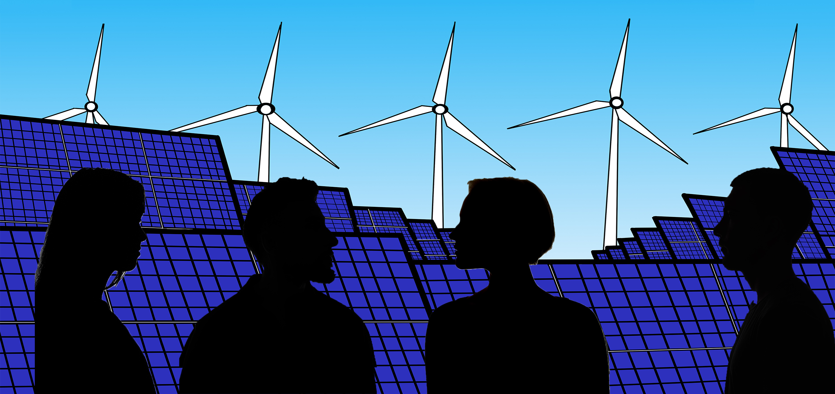 Silhouettes of people communicating with turbines and solar panels in the background
