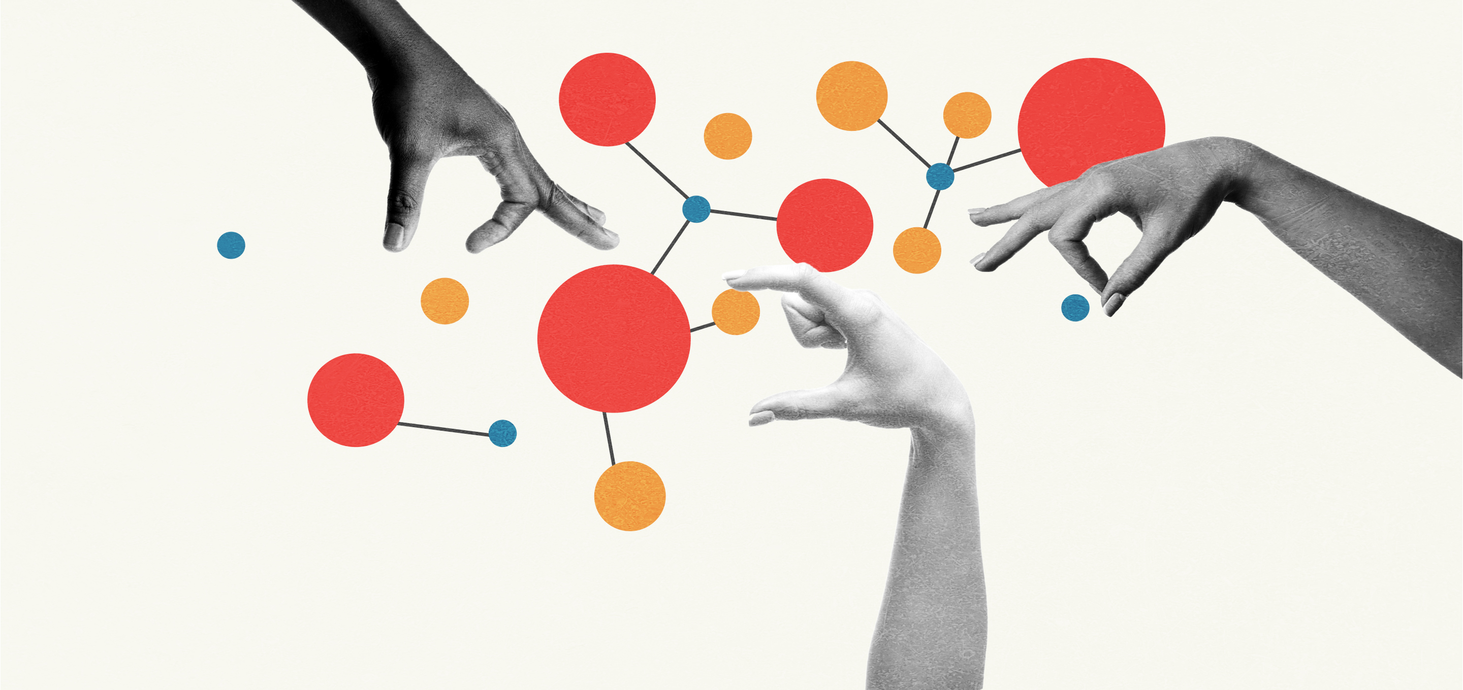 Photo illustration of three different hands working with molecules