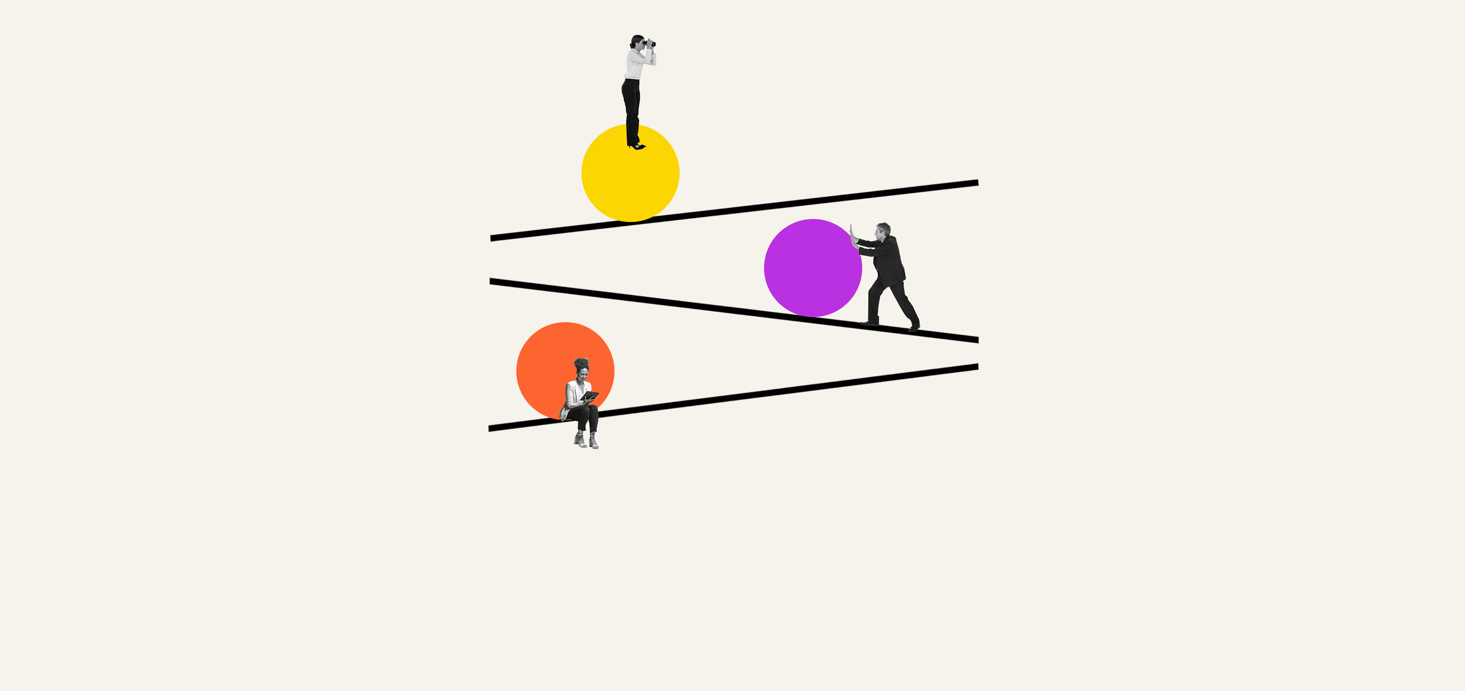 three people figures stand on a yellow, purple, and orange sphere, respectively. One looks through binoculars, another rolls their sphere, and one sits with their back to their sphere. Each of the spheres is balanced on a thick, dark line to illustrate the ability to be nimble.