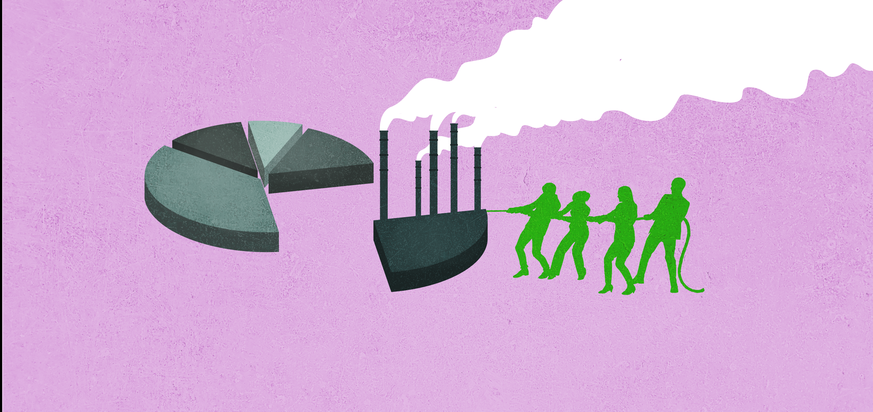 An illustration of a group of people pulling a wedge from a pie chart, and the wedge has pipes with smoke coming out of it