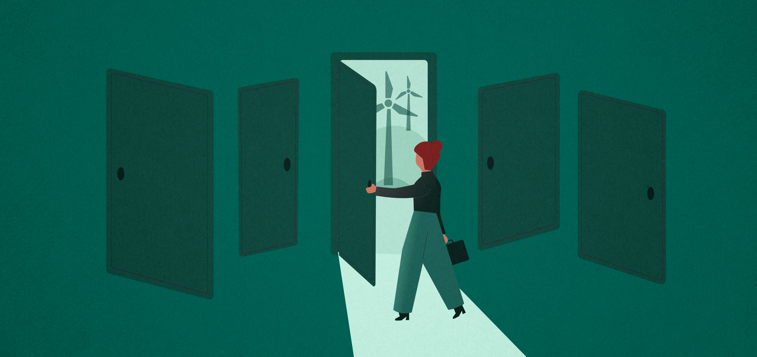 An illustration of a business person opening a door where wind turbines are seen in the distance