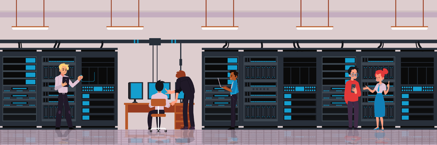 cartoon image of people working along huge bank of mainframes with multiple monitors