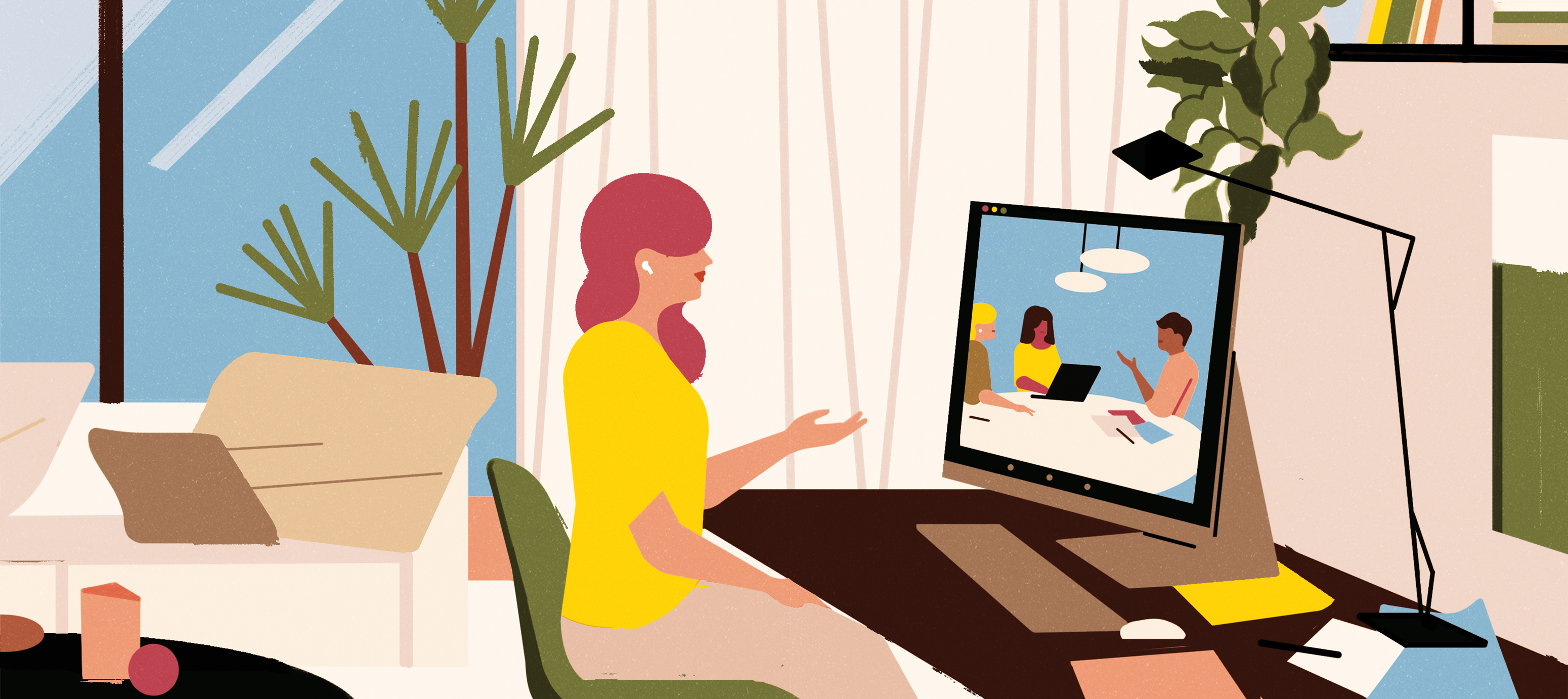 An illustration of a person working from home in a meeting with coworkers around an office table