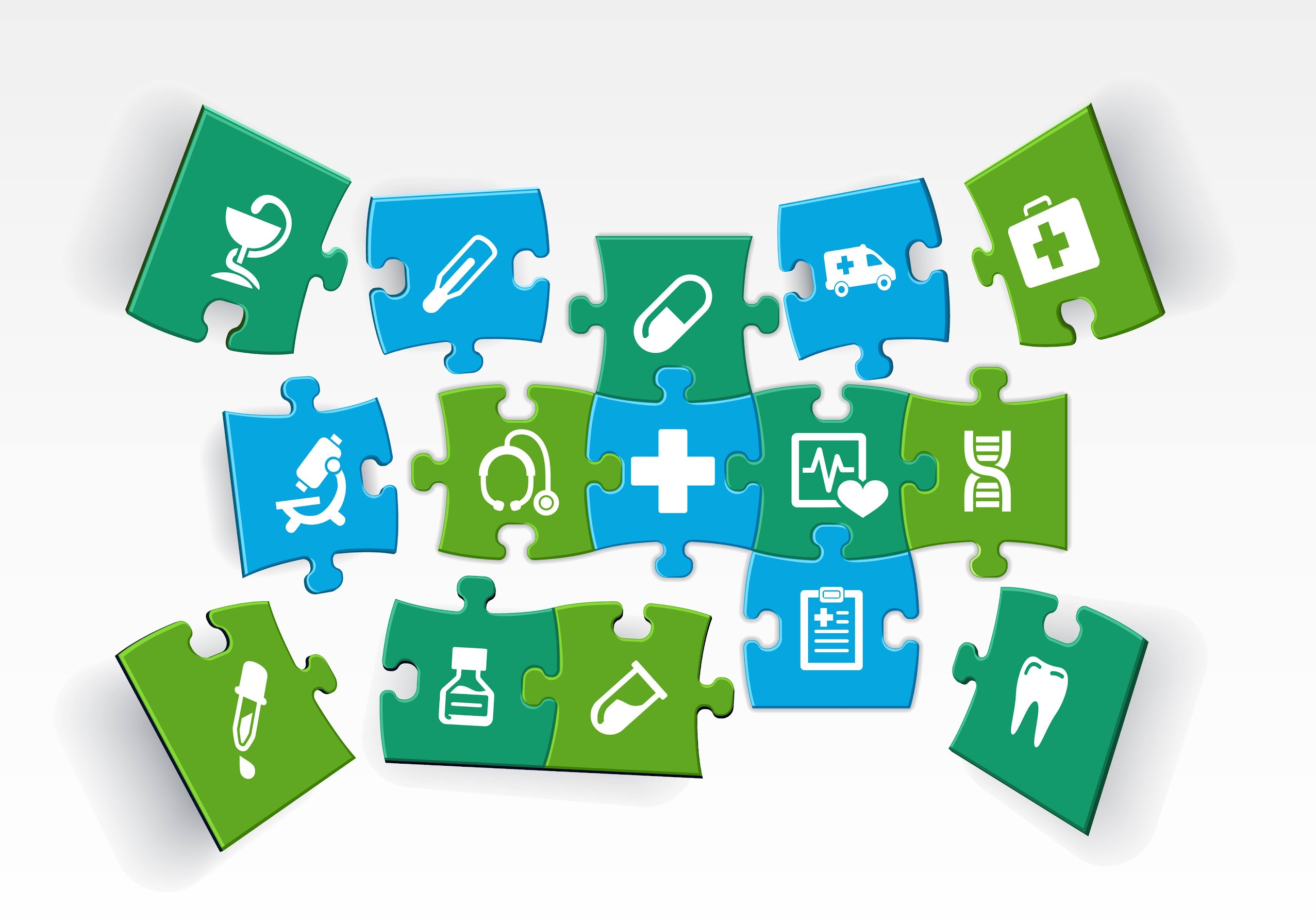 Partially connected puzzle pieces with healthcare images such as ambulance, microscope, provider, heartrate chart