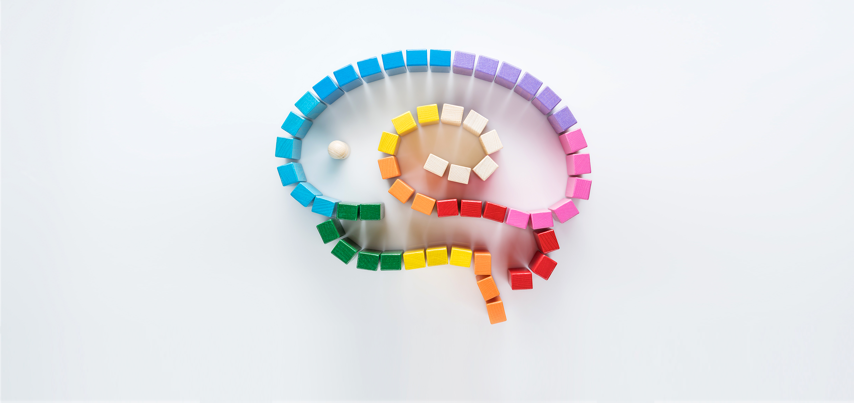 A series of colorful blocks arranged in maze-like shape imitating a brain