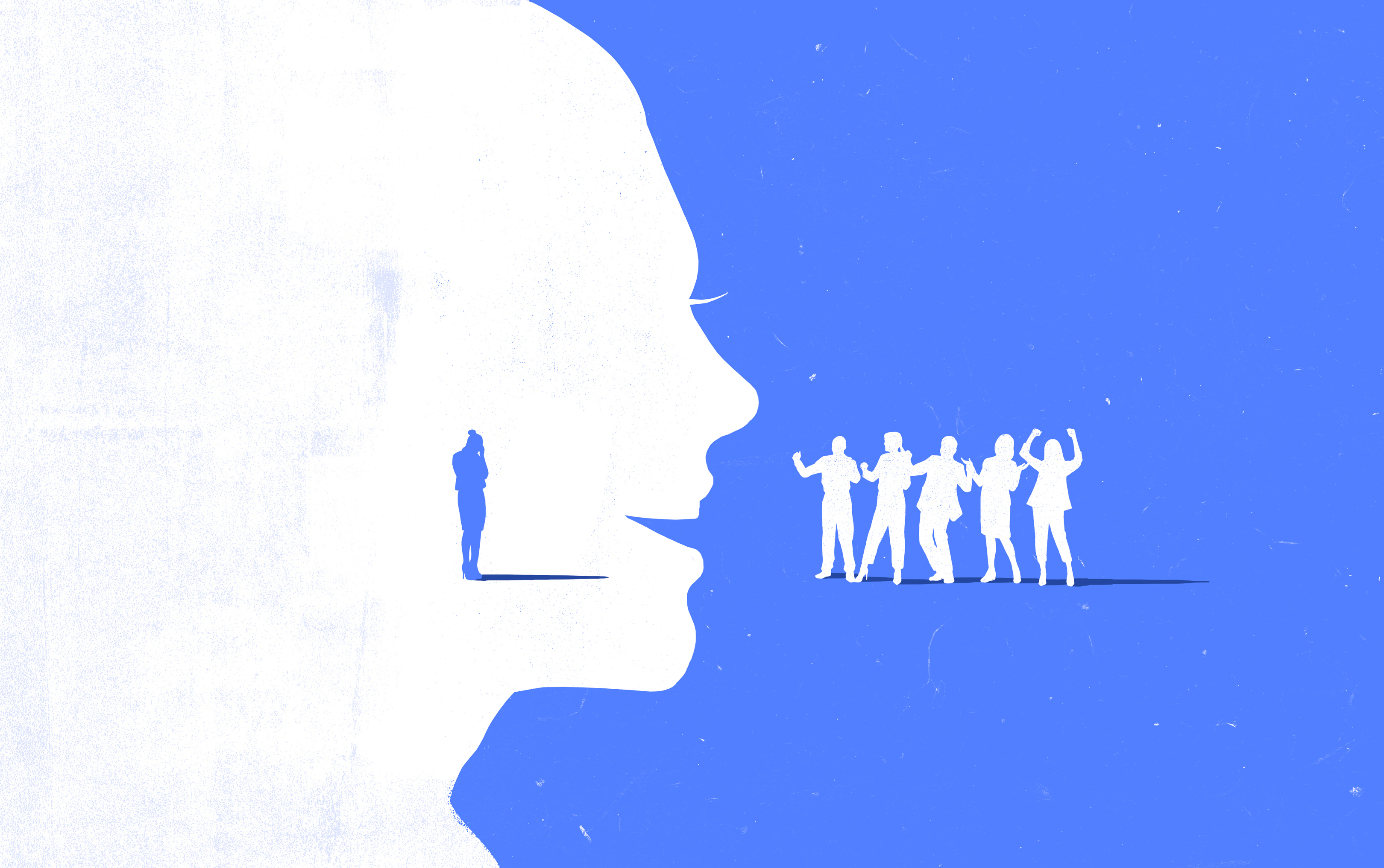 A small silhouette of a person looking down and dejected inside of a larger silhouette of the person in lively conversation with a group of people that are cheering her on.