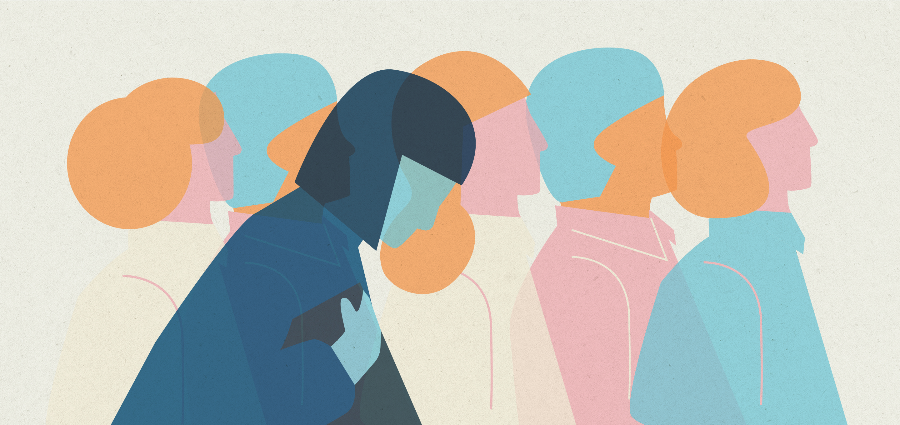 A row of office workers looking ahead, but one worker stands out with their head down