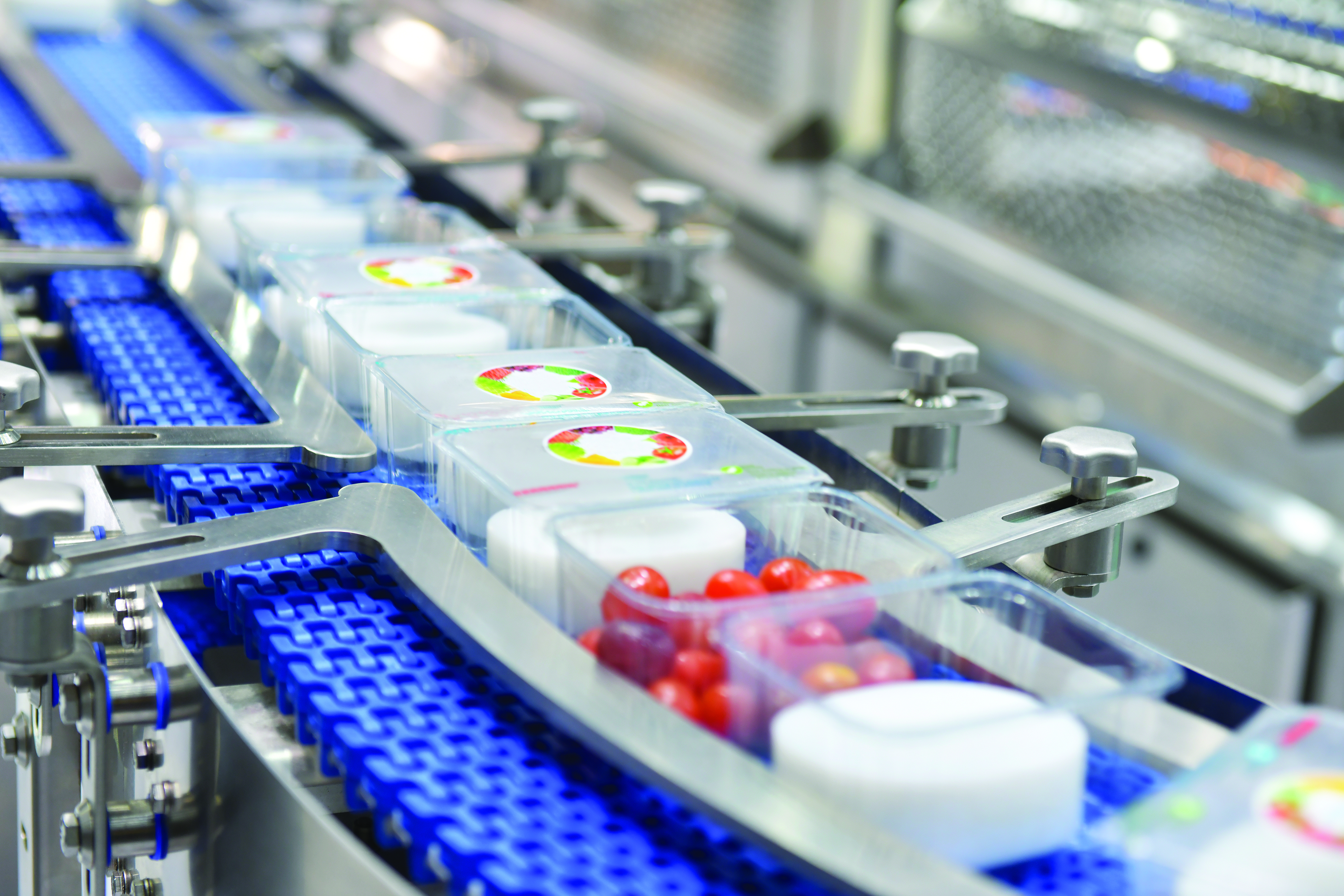 Food being packaged on conveyor belt