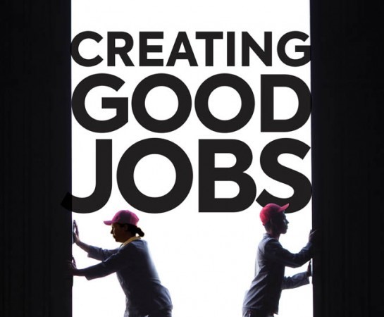 Cover of the book Creating Good Jobs, showing the title and two workers opening a door