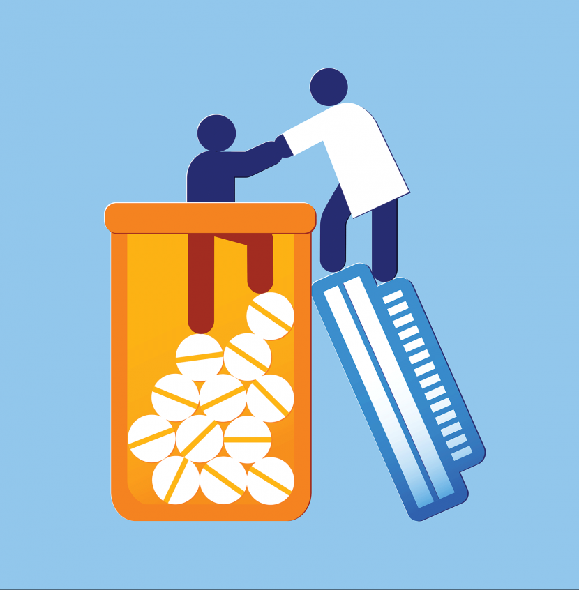 stock image of provider helps patient climb out of pill bottle