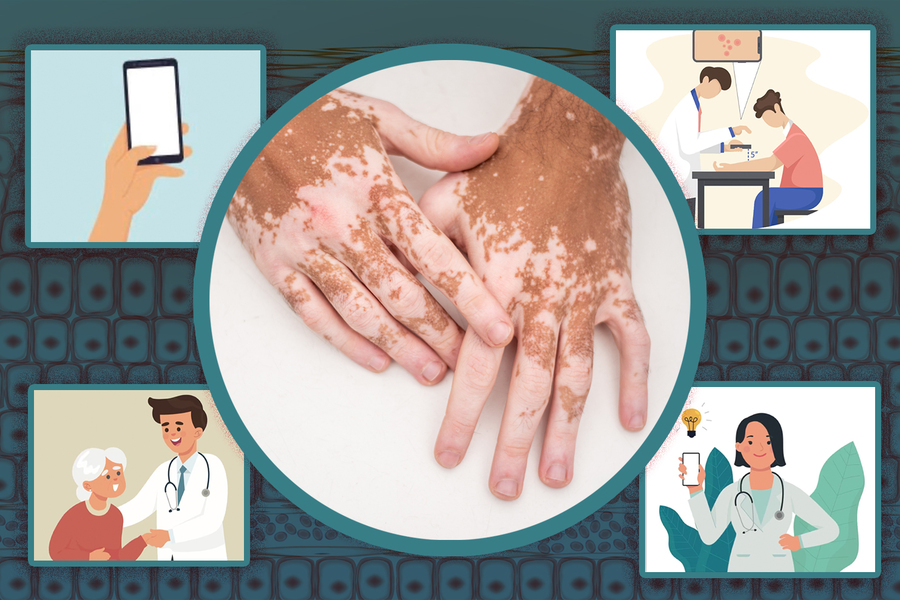 Collage of images in which dermatologists use machine learning to diagnose patients.