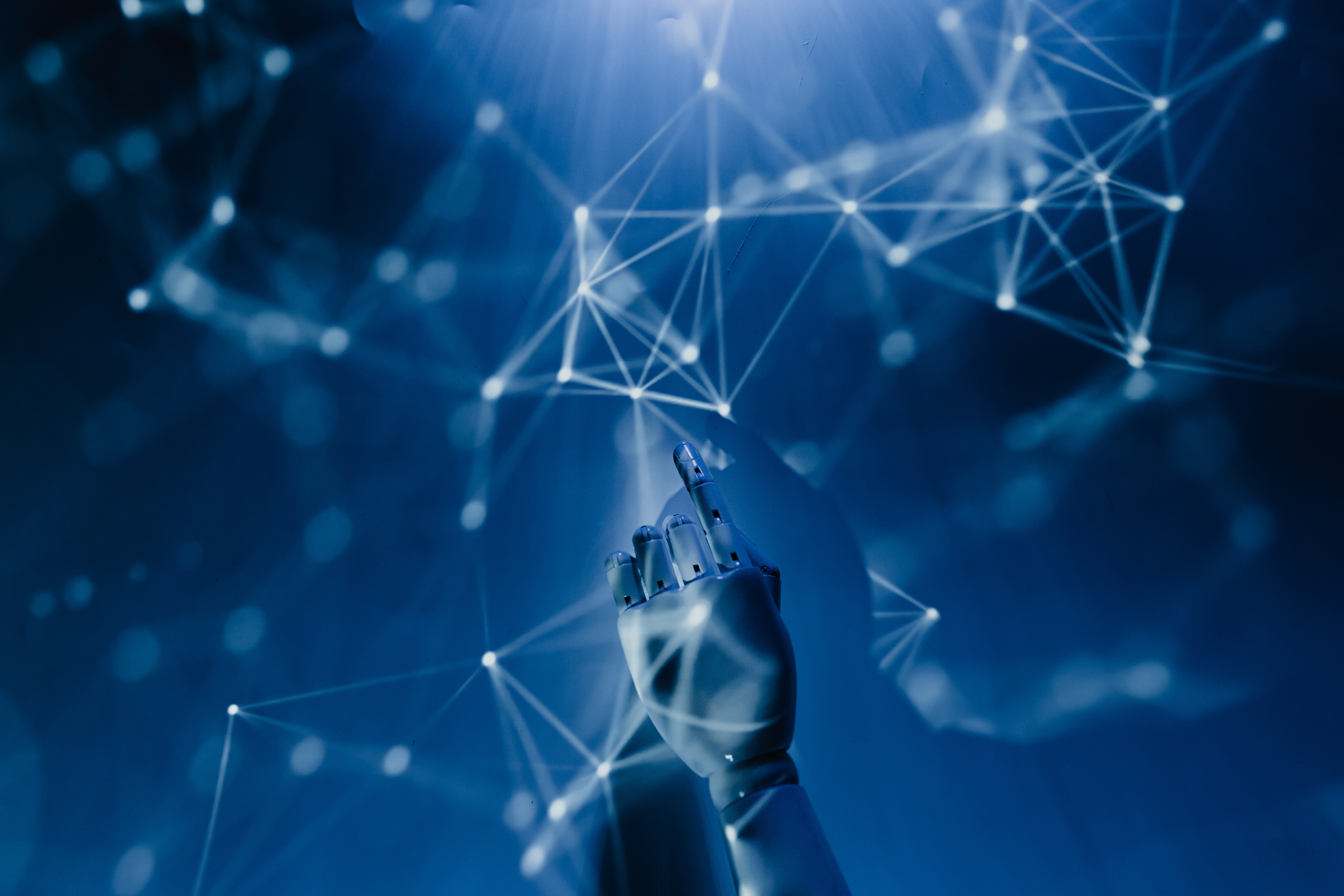 Abstract image of data connections with hand reaching out