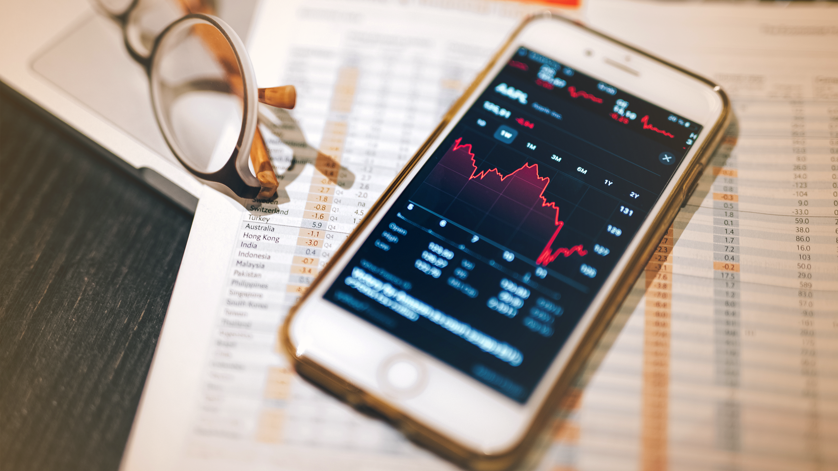 Phone showing stock trends on a desk with glasses